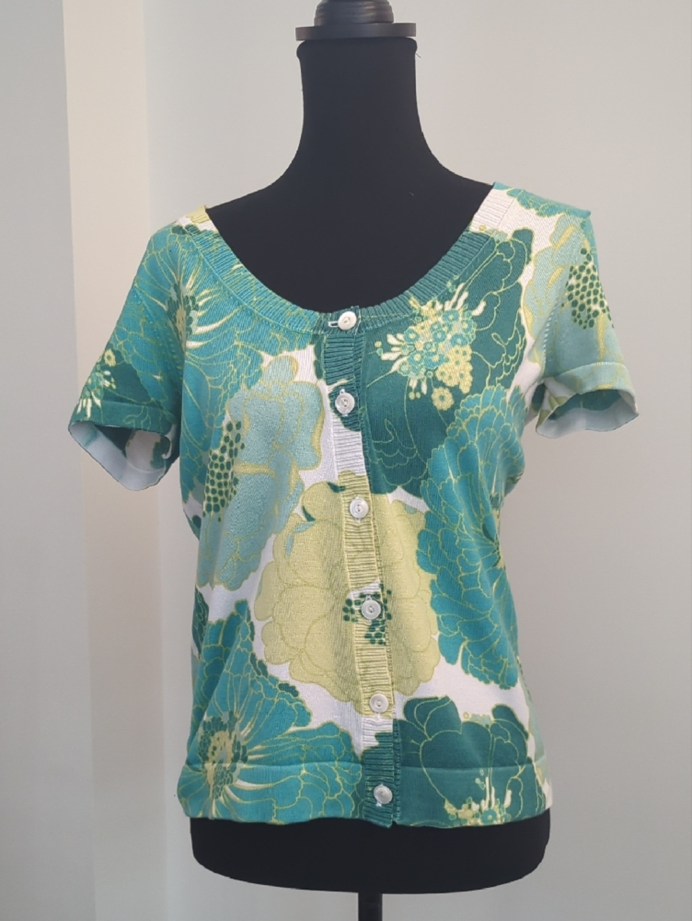 Ann Taylor Teal & Lime Floral Short Sleeve Button Up Cardigan Sweater MEDIUM